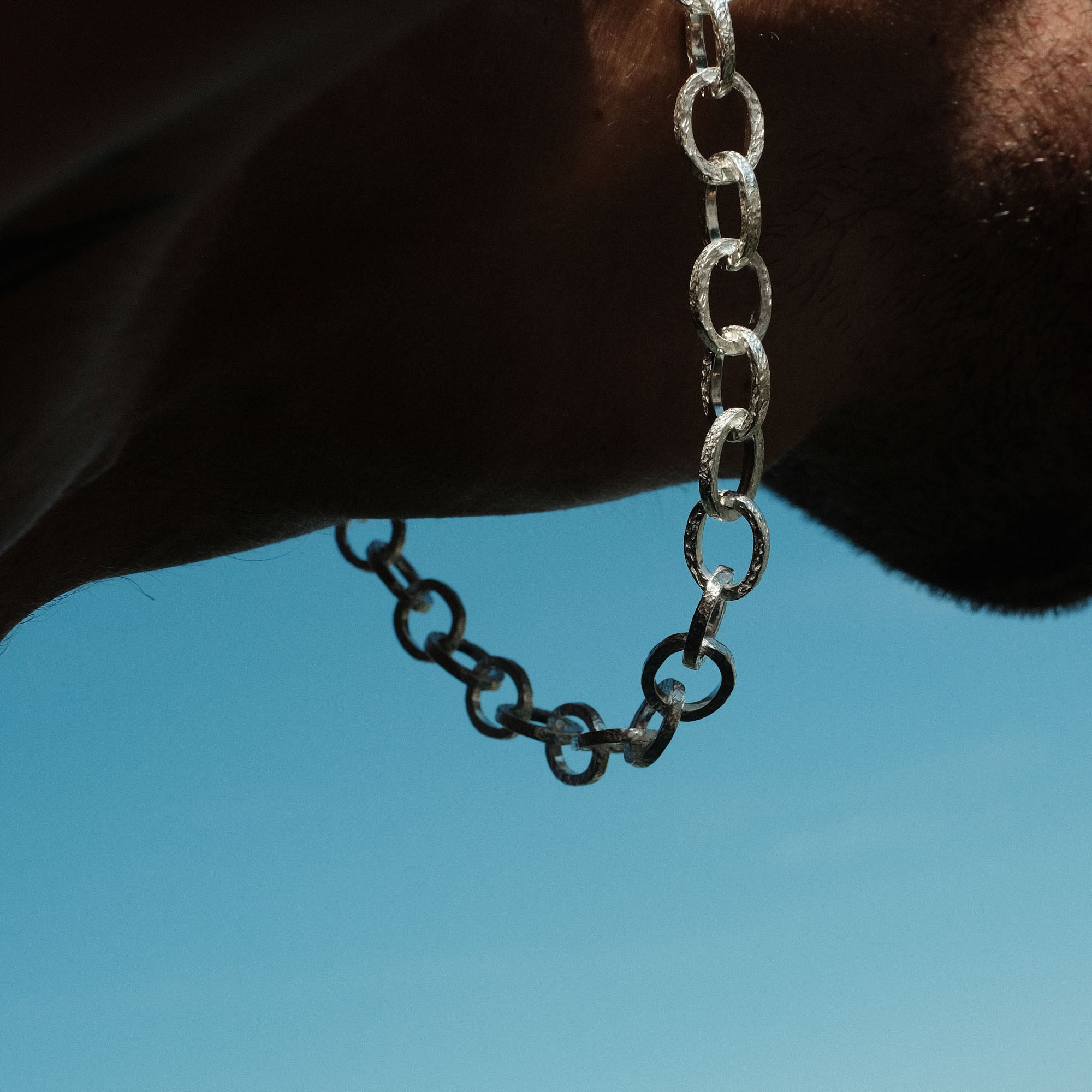 Jag vet inte vem personen är, men bilden visar en silverkedja mot en klarblå himmel.