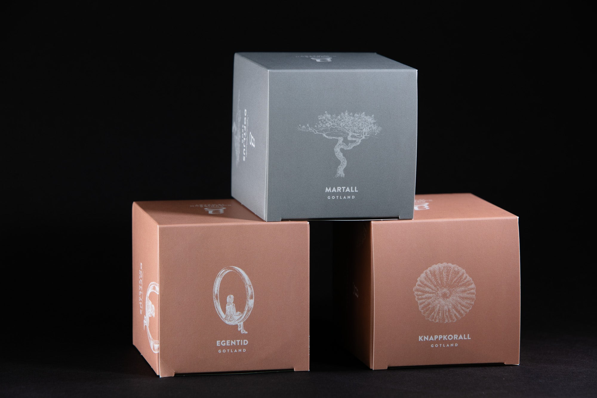 Förpackningar för doftljus: Knappkorall, Egentid, Martall